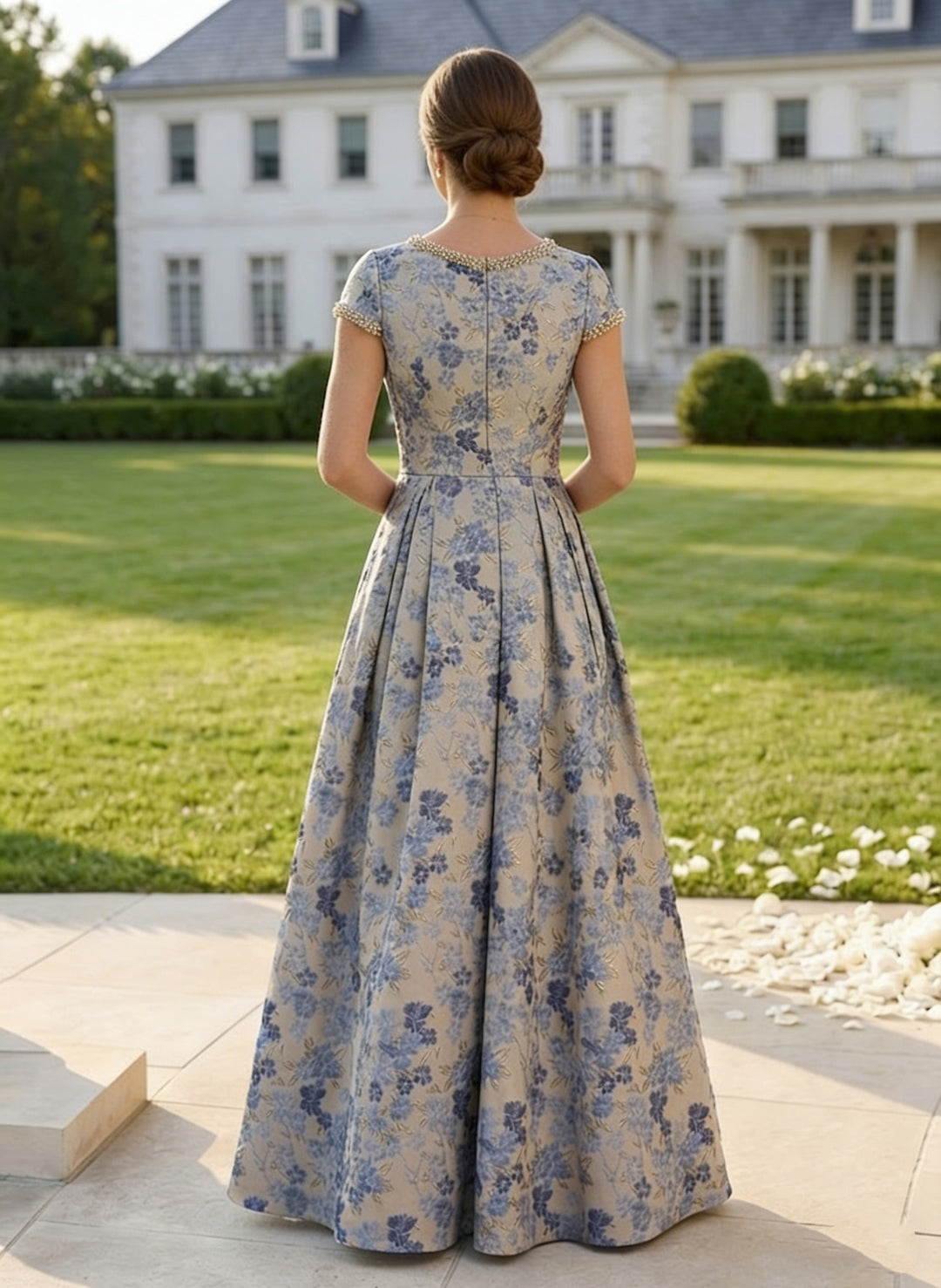 A-Line/Princess Scoop Jacquard Mother of the Bride Dresses Floral Short Sleeves Floor Length Beading