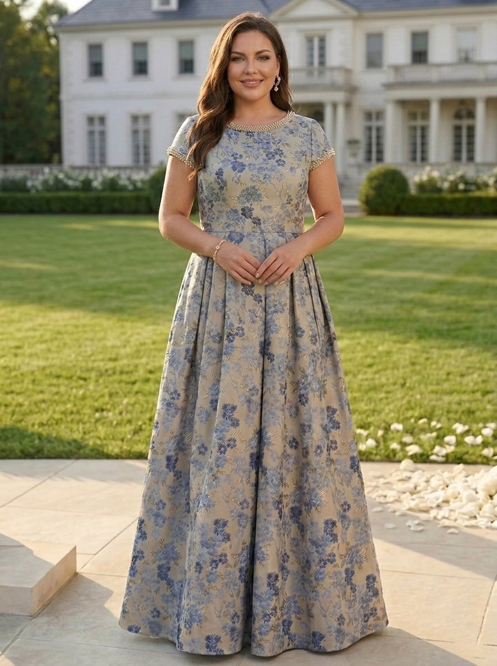 A-Line/Princess Scoop Jacquard Plus Size Mother of the Bride Dresses Floral Short Sleeves Floor Length Beading