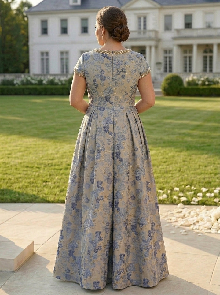 A-Line/Princess Scoop Jacquard Plus Size Mother of the Bride Dresses Floral Short Sleeves Floor Length Beading