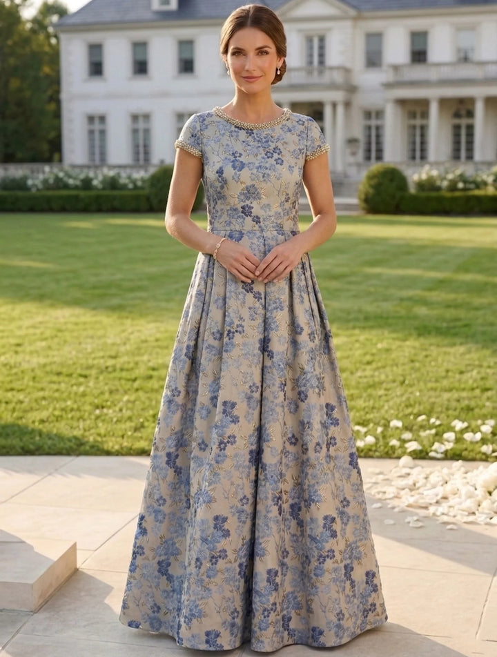 A-Line/Princess Scoop Jacquard Mother of the Bride Dresses Floral Short Sleeves Floor Length Beading