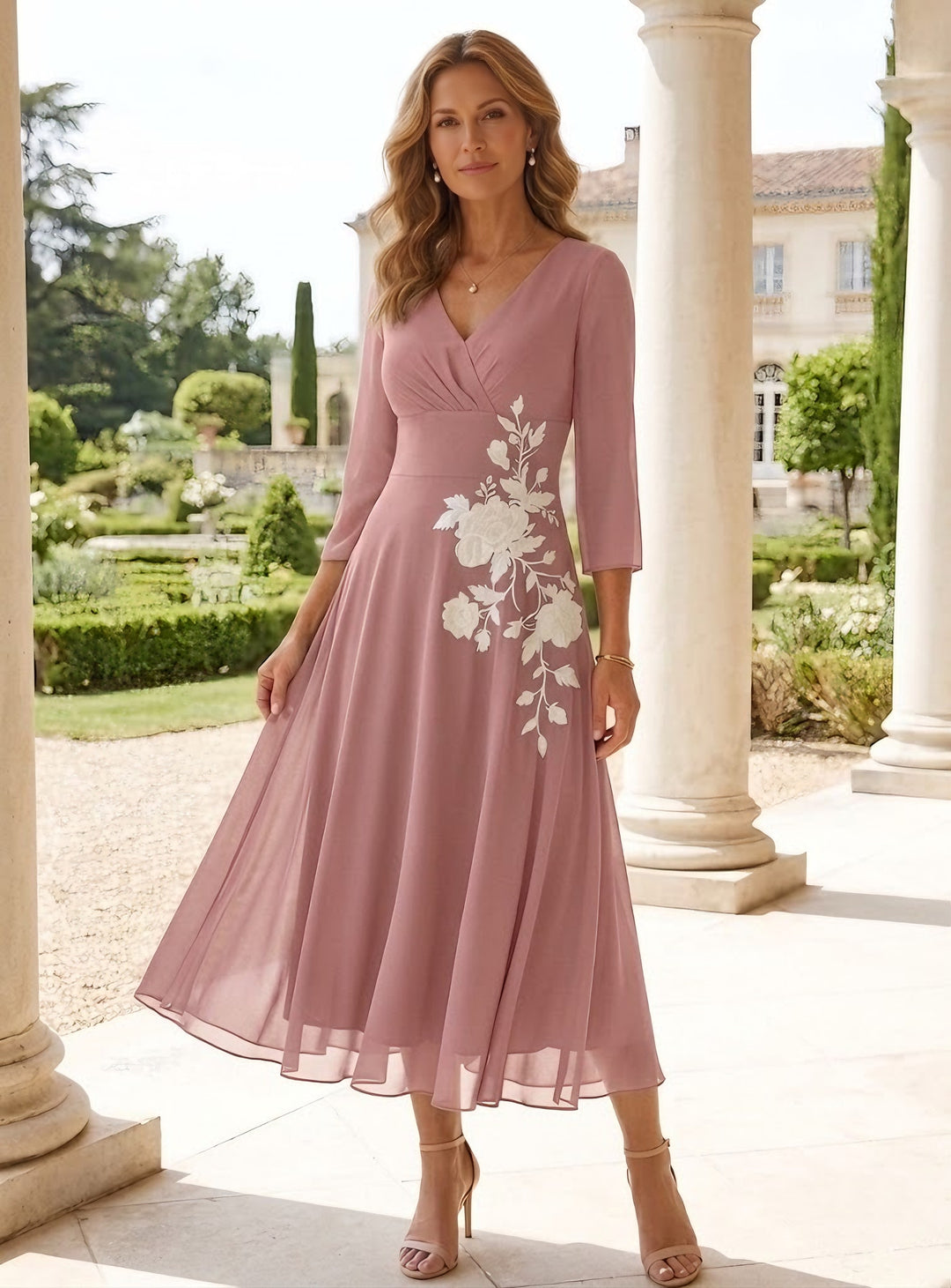 A-Line/Princess V-Neck Chiffon Mother of the Bride Dresses Tea-Length 3/4 Sleeves Lace Floral