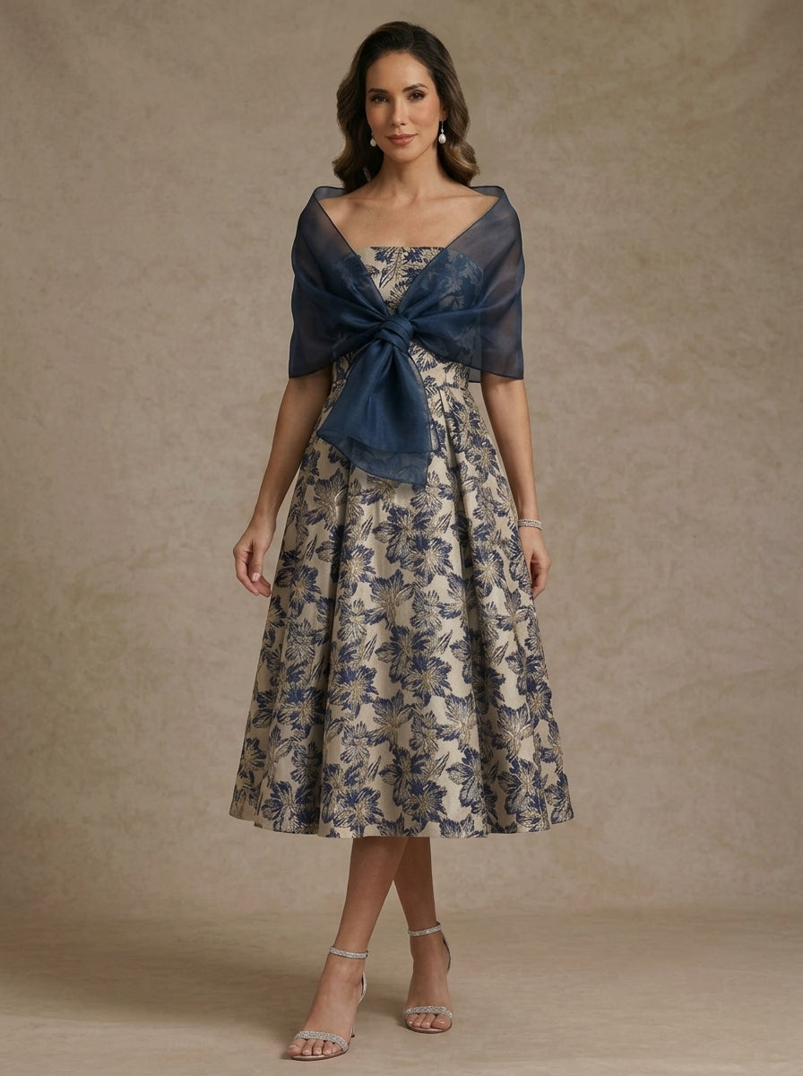 A-Line/Princess Strapless Jacquard Mother of the Bride Dresses with Wrap Floral Sleeveles Tea Length