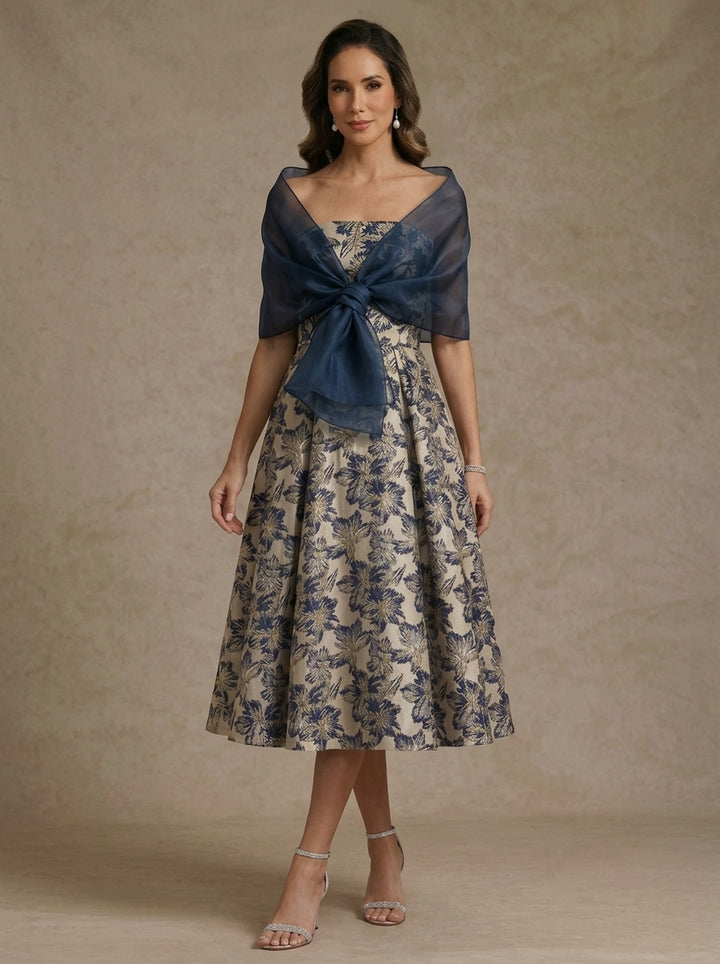 A-Line/Princess Strapless Jacquard Mother of the Bride Dresses with Wrap Floral Sleeveles Tea Length