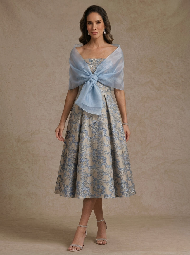 A-Line/Princess Strapless Jacquard Mother of the Bride Dresses with Wrap Floral Sleeveles Tea Length