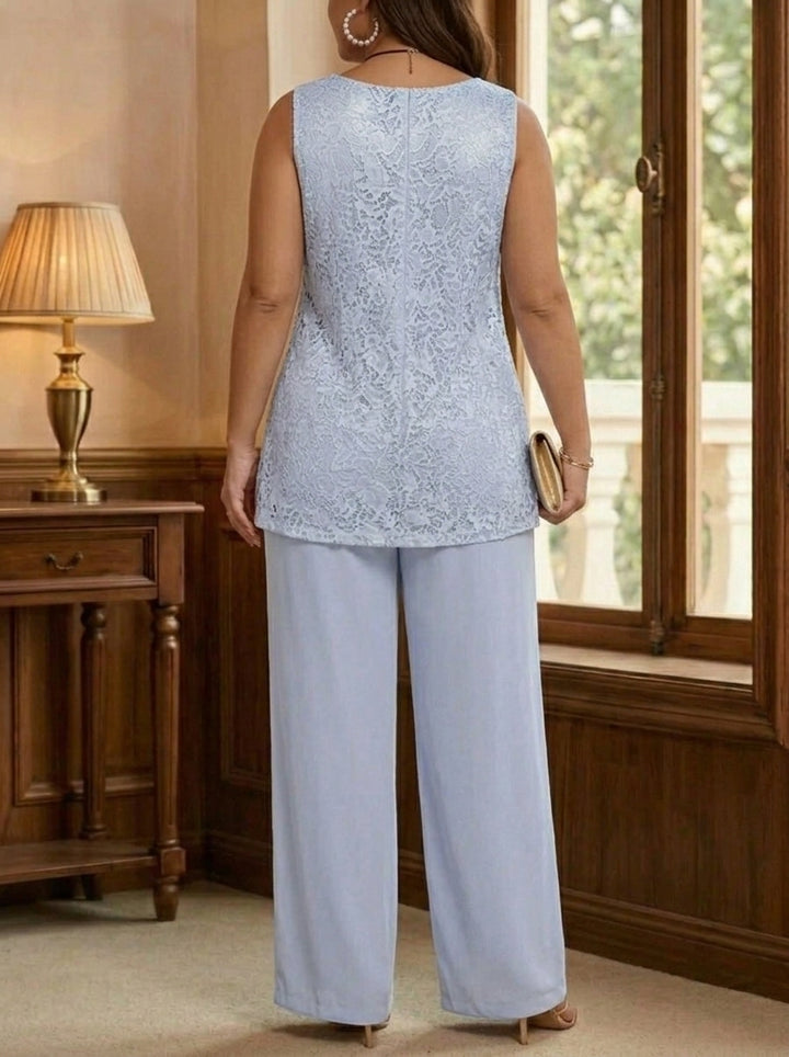 3 Pieces Suit Chiffon Plus Size Mother of the Bride Pantsuits with Jacket Scoop 3/4 Sleeves Ankle Length Lace