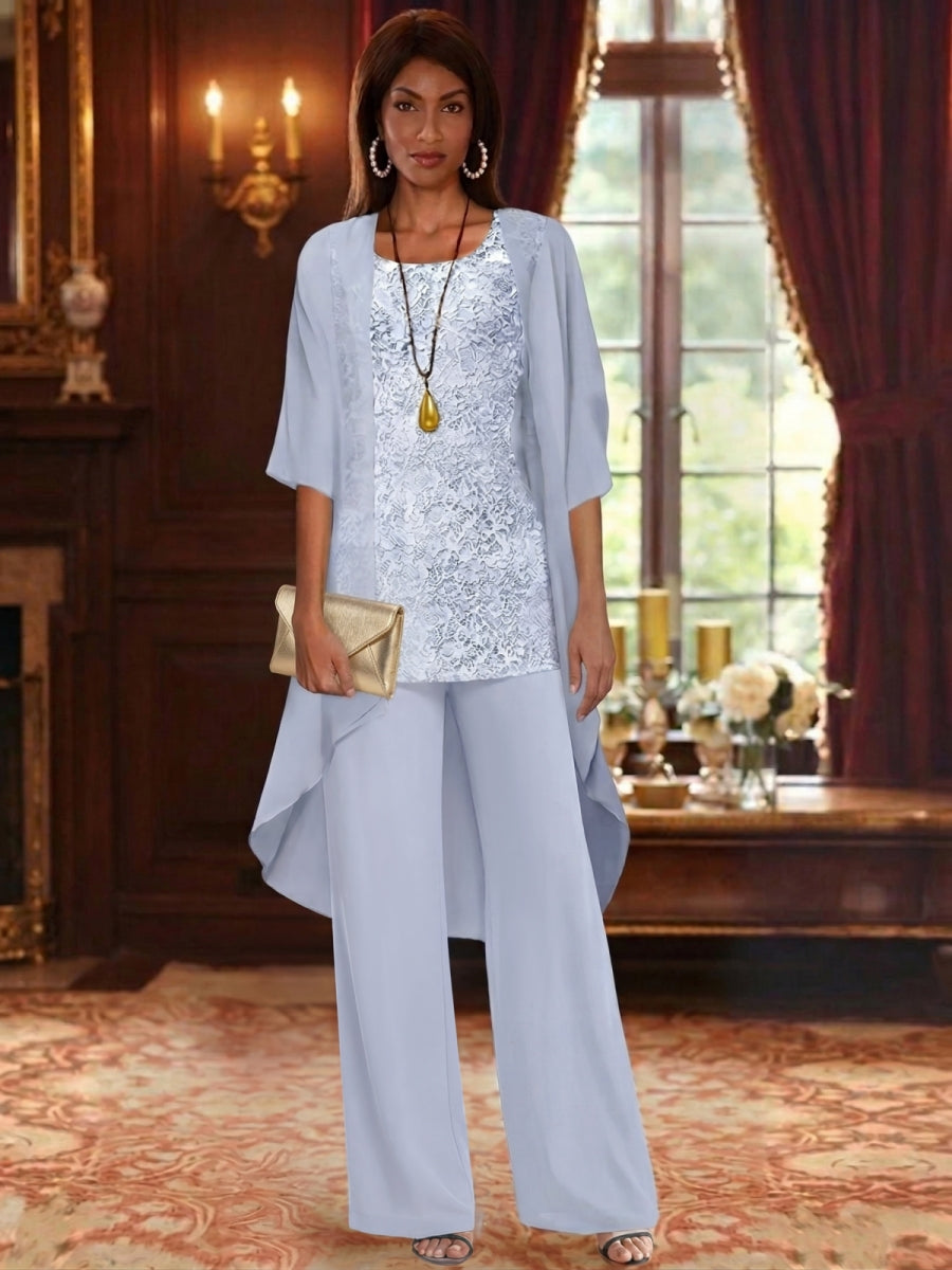 3 Pieces Suit Chiffon Mother of the Bride Pantsuits with Jacket Scoop 3/4 Sleeves Ankle Length Lace