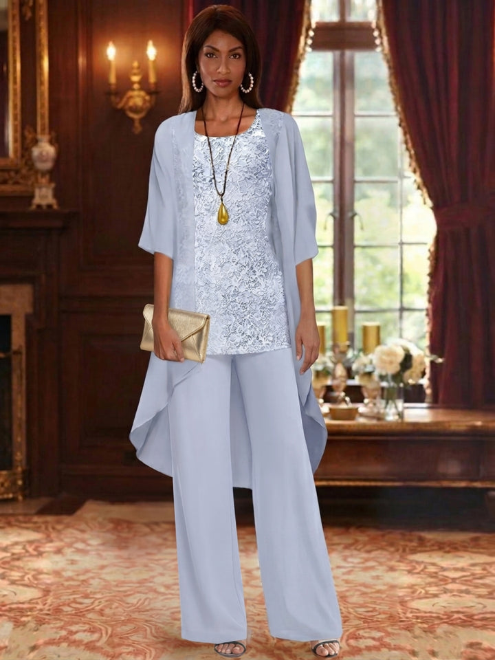 3 Pieces Suit Chiffon Mother of the Bride Pantsuits with Jacket Scoop 3/4 Sleeves Ankle Length Lace