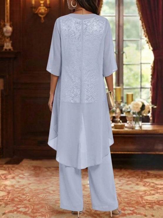 3 Pieces Suit Chiffon Mother of the Bride Pantsuits with Jacket Scoop 3/4 Sleeves Ankle Length Lace