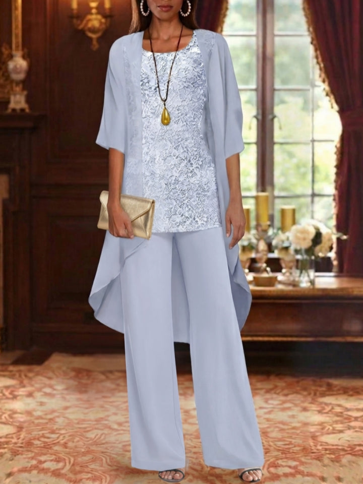3 Pieces Suit Chiffon Mother of the Bride Pantsuits with Jacket Scoop 3/4 Sleeves Ankle Length Lace