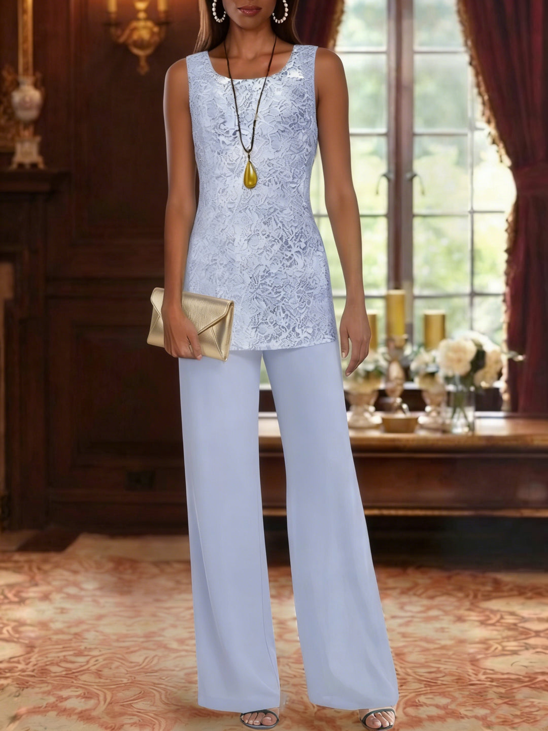 3 Pieces Suit Chiffon Mother of the Bride Pantsuits with Jacket Scoop 3/4 Sleeves Ankle Length Lace