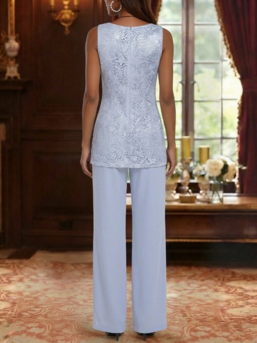 3 Pieces Suit Chiffon Mother of the Bride Pantsuits with Jacket Scoop 3/4 Sleeves Ankle Length Lace