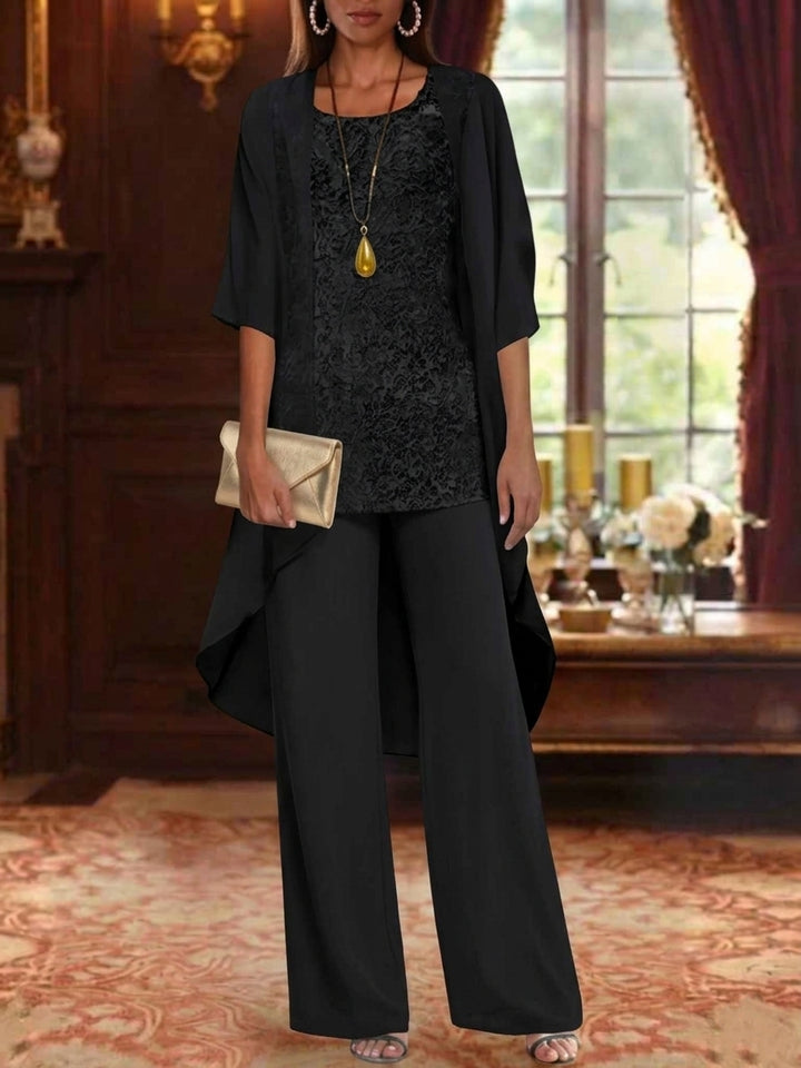 3 Pieces Suit Chiffon Mother of the Bride Pantsuits with Jacket Scoop 3/4 Sleeves Ankle Length Lace