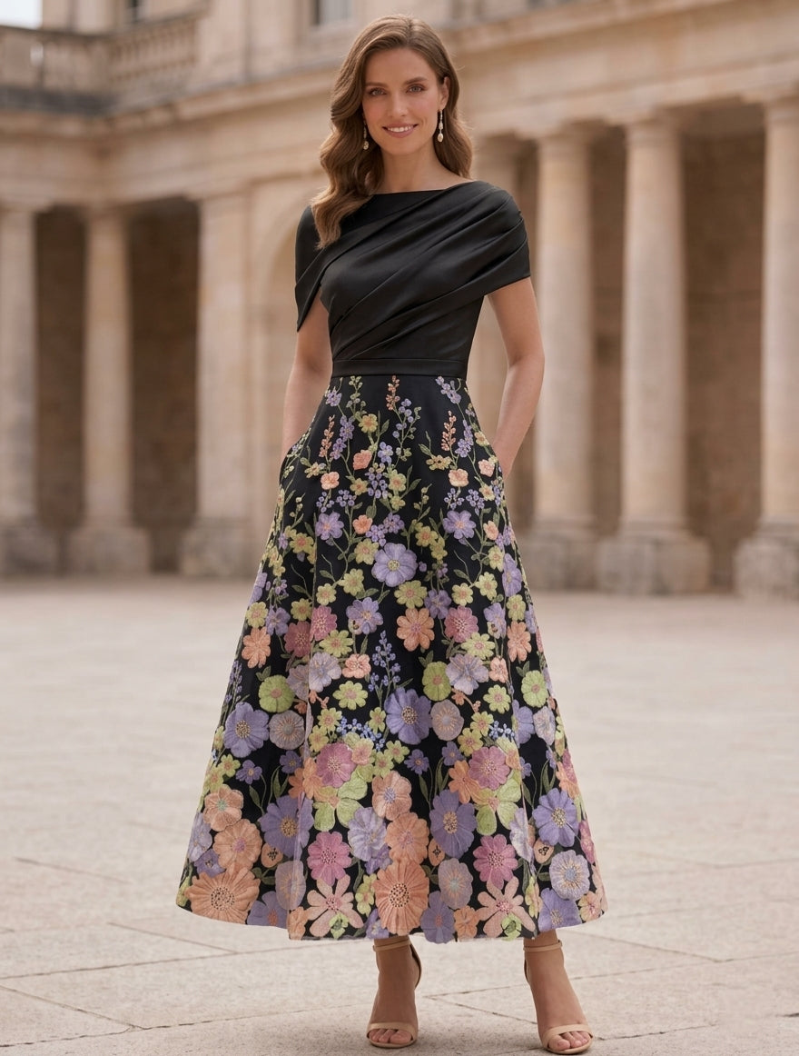 A-Line/Princess Boat Neck Satin Mother of the Bride Dresses Floral