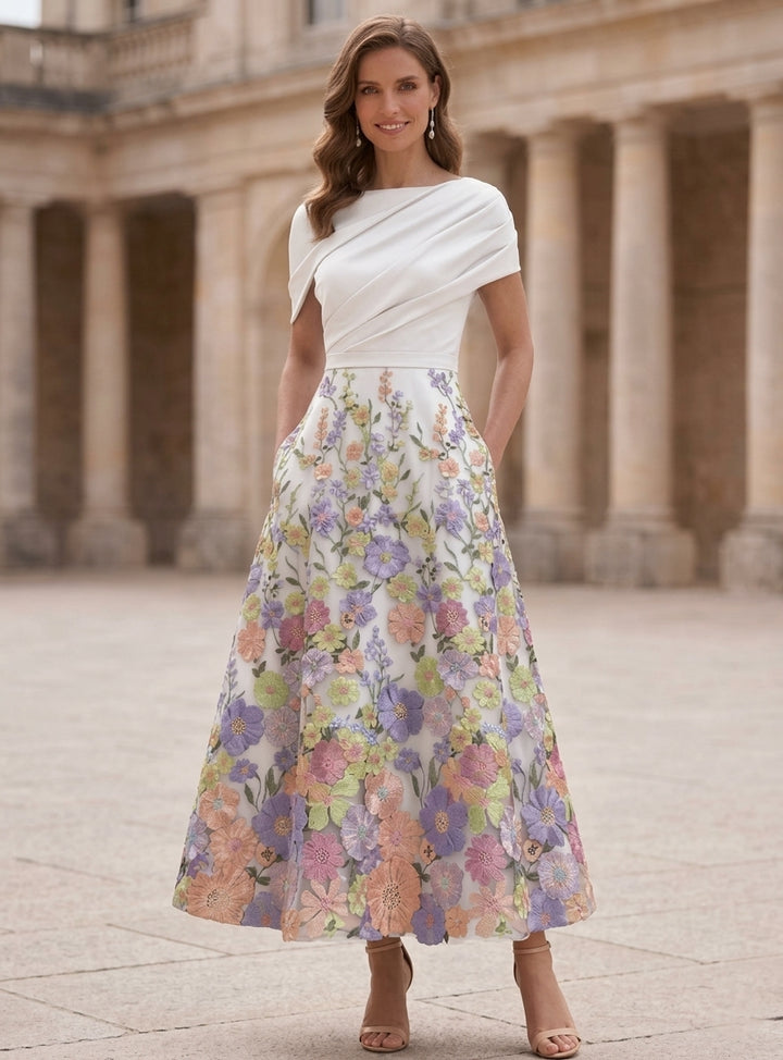 A-Line/Princess Boat Neck Satin Mother of the Bride Dresses Floral Tea-Length Short Sleeves Ruched