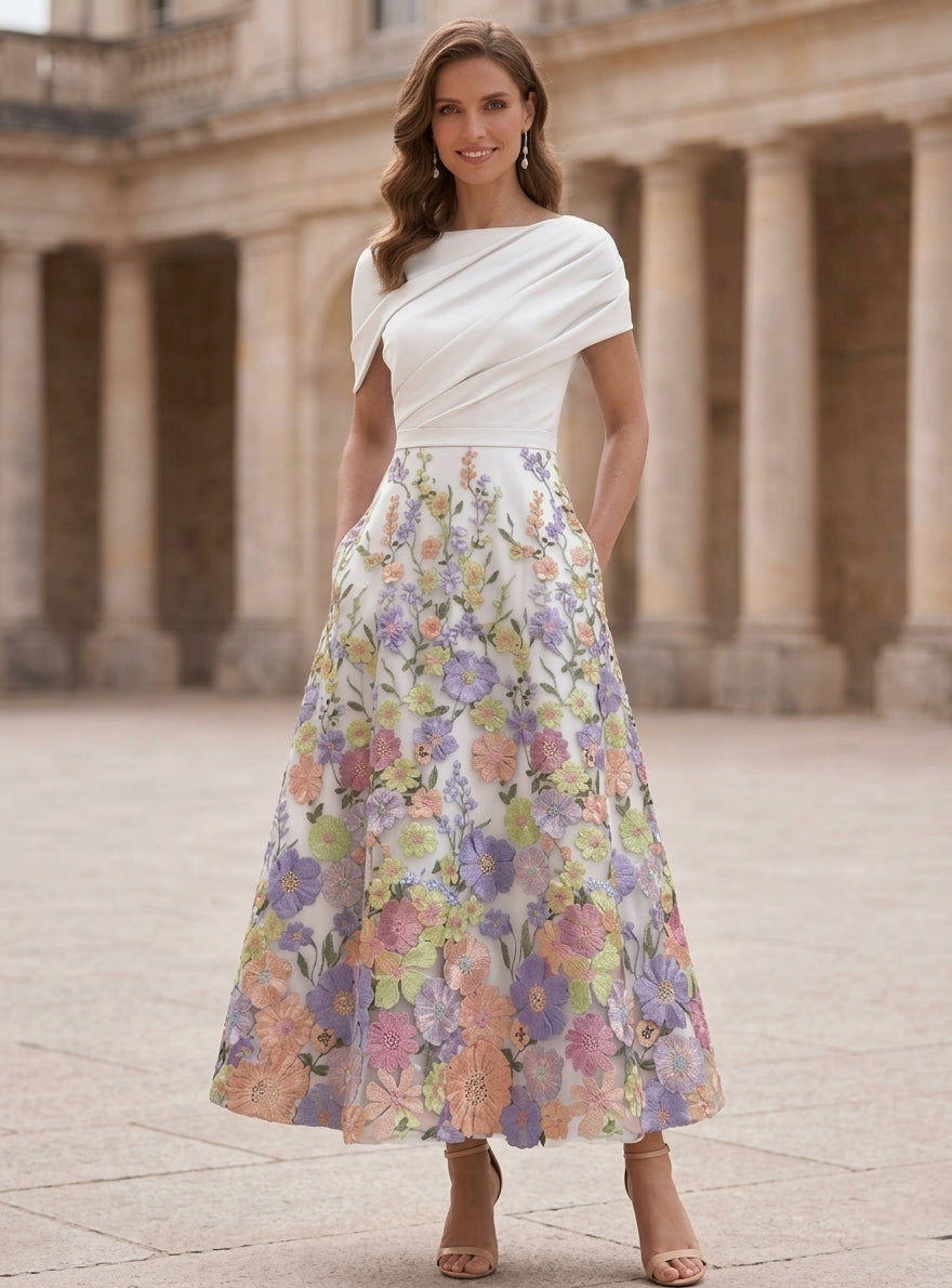 A-Line/Princess Boat Neck Satin Mother of the Bride Dresses Floral Tea-Length Short Sleeves Ruched, Blue