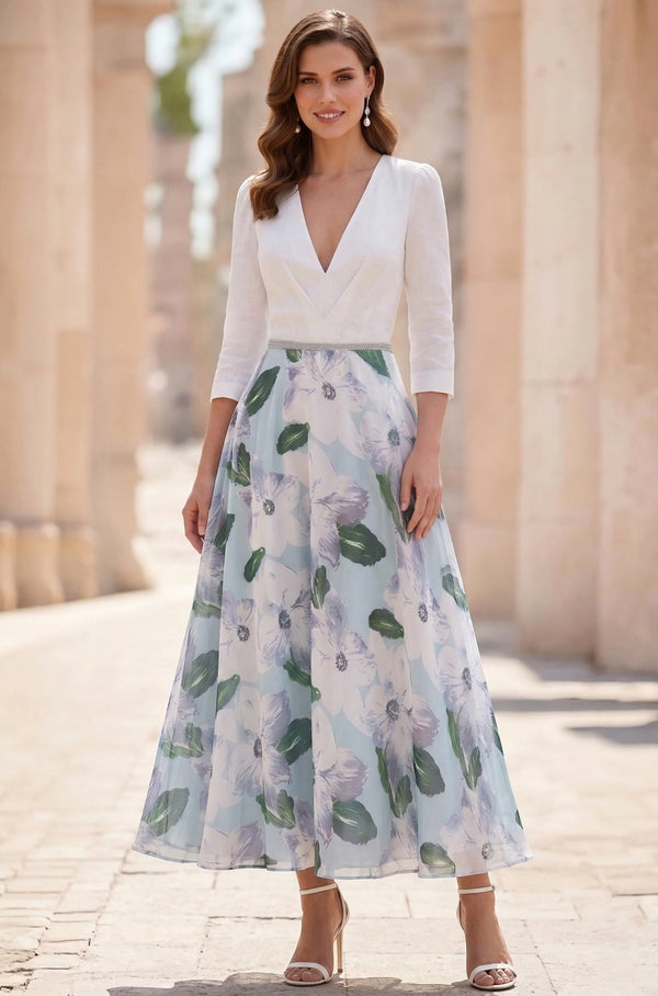 A-Line/Princess V-Neck Satin Mother of the Bride Dresses 3/4 Sleeves Chiffon Floral Tea-Length Sash