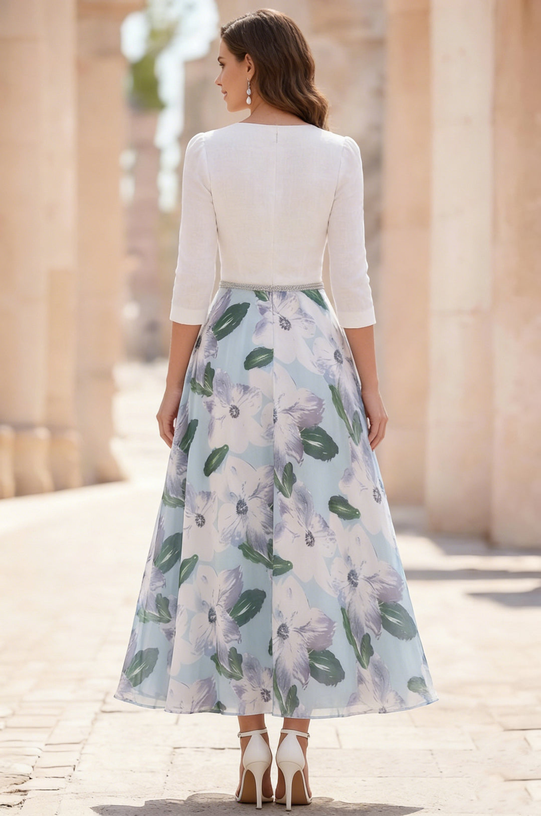 A-Line/Princess V-Neck Satin Mother of the Bride Dresses 3/4 Sleeves Chiffon Floral Tea-Length Sash