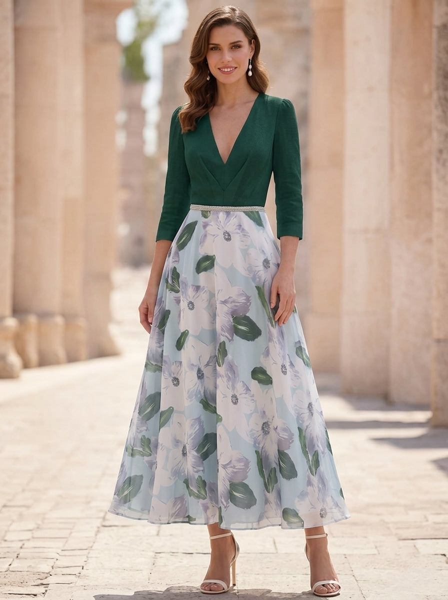 A-Line/Princess V-Neck Satin Mother of the Bride Dresses 3/4 Sleeves Chiffon Floral Tea-Length Sash