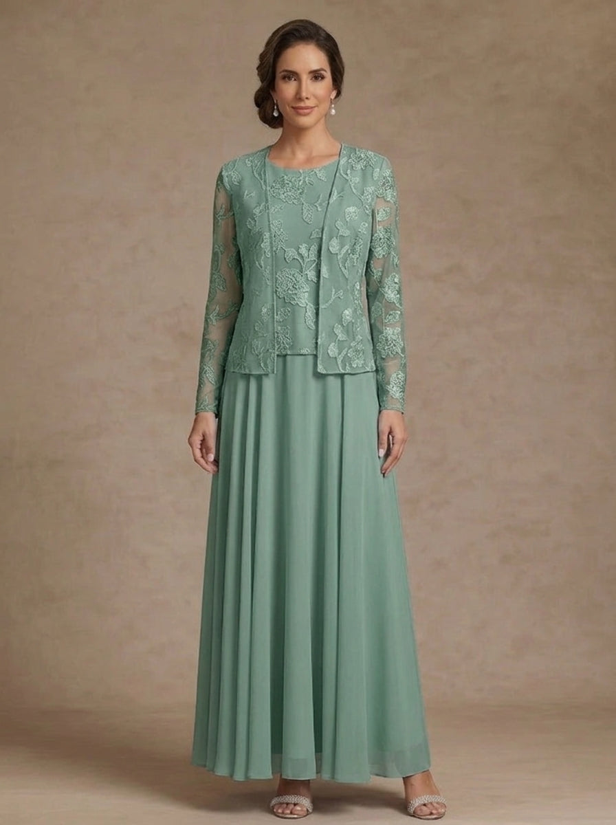 3 Pieces Suit A-Line/Princess Scoop Chiffon Mother of the Bride Dresses with Jacket Lace Floral Ankle-Length Long Sleeves
