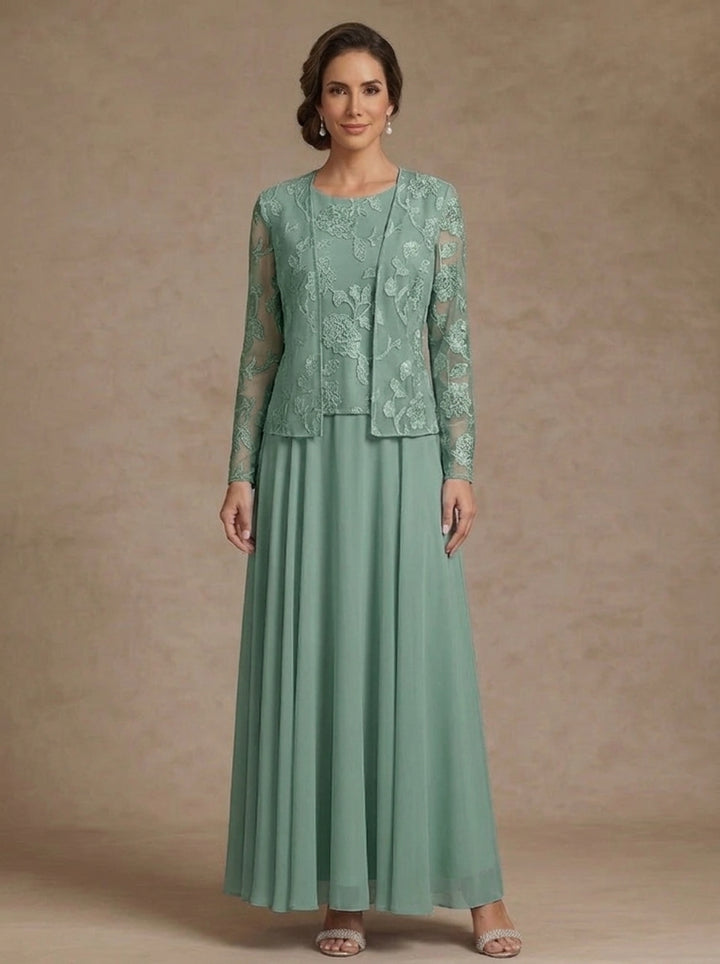3 Pieces Suit A-Line/Princess Scoop Chiffon Mother of the Bride Dresses with Jacket Lace Floral Ankle-Length Long Sleeves