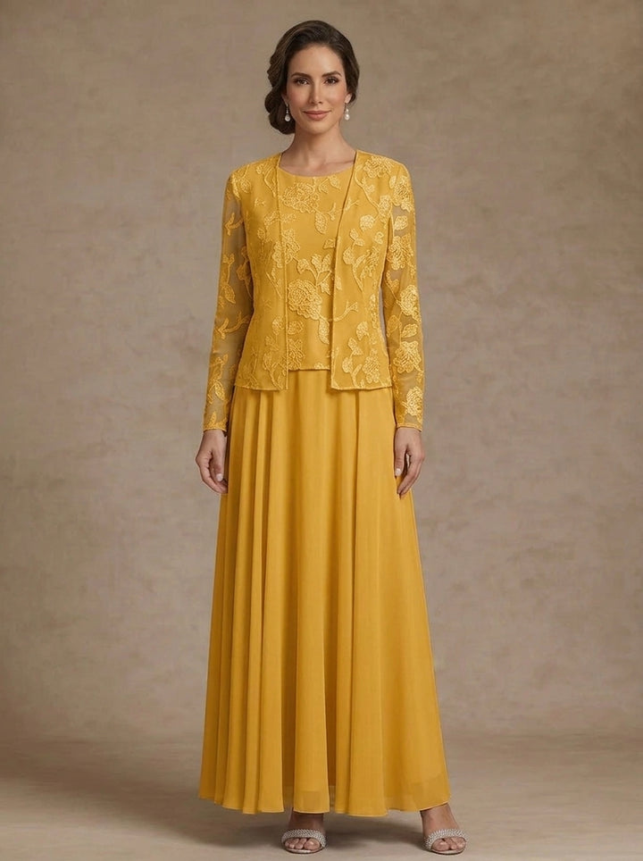 3 Pieces Suit A-Line/Princess Scoop Chiffon Mother of the Bride Dresses with Jacket Lace Floral Ankle-Length Long Sleeves