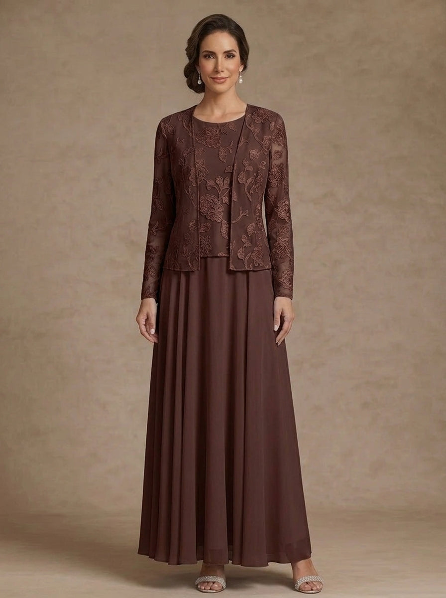 3 Pieces Suit A-Line/Princess Scoop Chiffon Mother of the Bride Dresses with Jacket Lace Floral Ankle-Length Long Sleeves