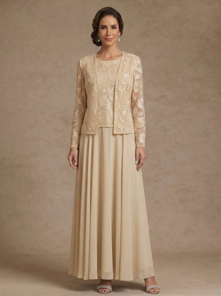 3 Pieces Suit A-Line/Princess Scoop Chiffon Mother of the Bride Dresses with Jacket Lace Floral Ankle-Length Long Sleeves