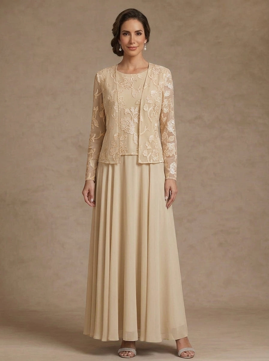 3 Pieces Suit A-Line/Princess Scoop Chiffon Mother of the Bride Dresses with Jacket Lace Floral Ankle-Length Long Sleeves