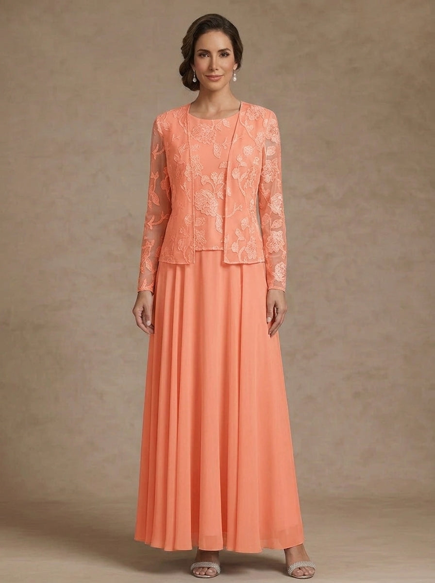 3 Pieces Suit A-Line/Princess Scoop Chiffon Mother of the Bride Dresses with Jacket Lace Floral Ankle-Length Long Sleeves