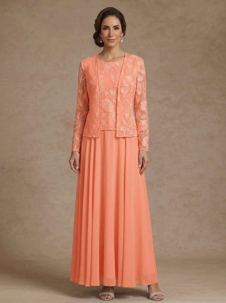 3 Pieces Suit A-Line/Princess Scoop Chiffon Mother of the Bride Dresses with Jacket Lace Floral Ankle-Length Long Sleeves