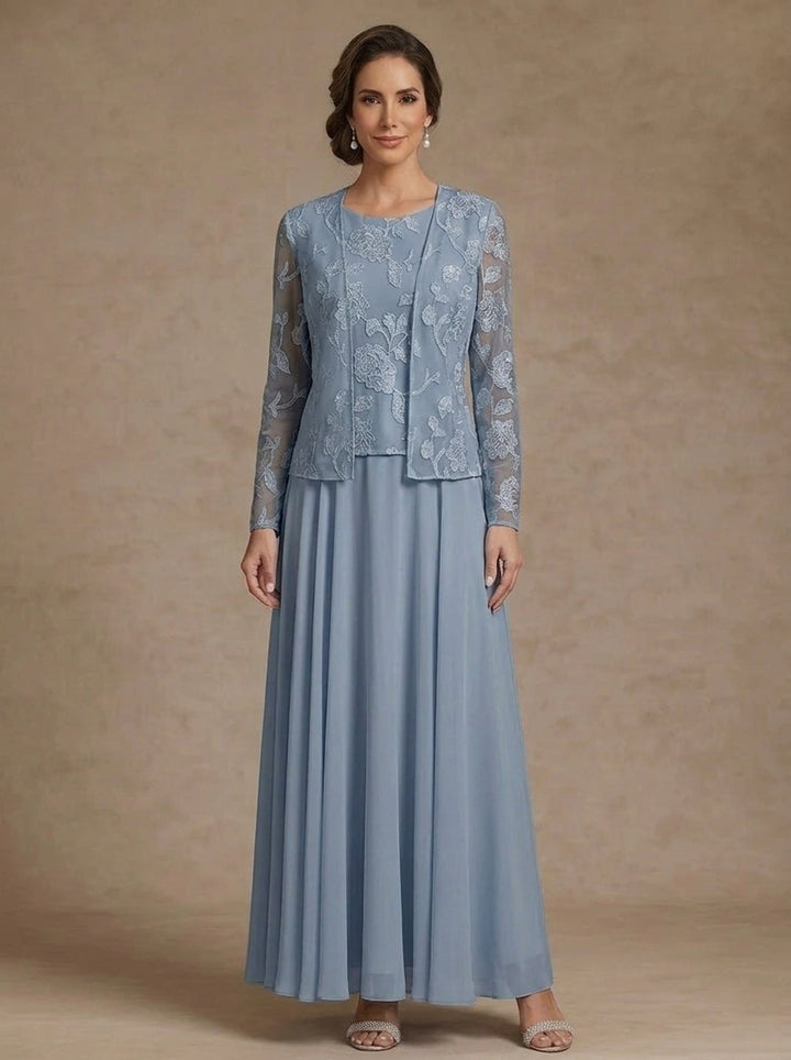 3 Pieces Suit A-Line/Princess Scoop Chiffon Mother of the Bride Dresses with Jacket Lace Floral Ankle-Length Long Sleeves