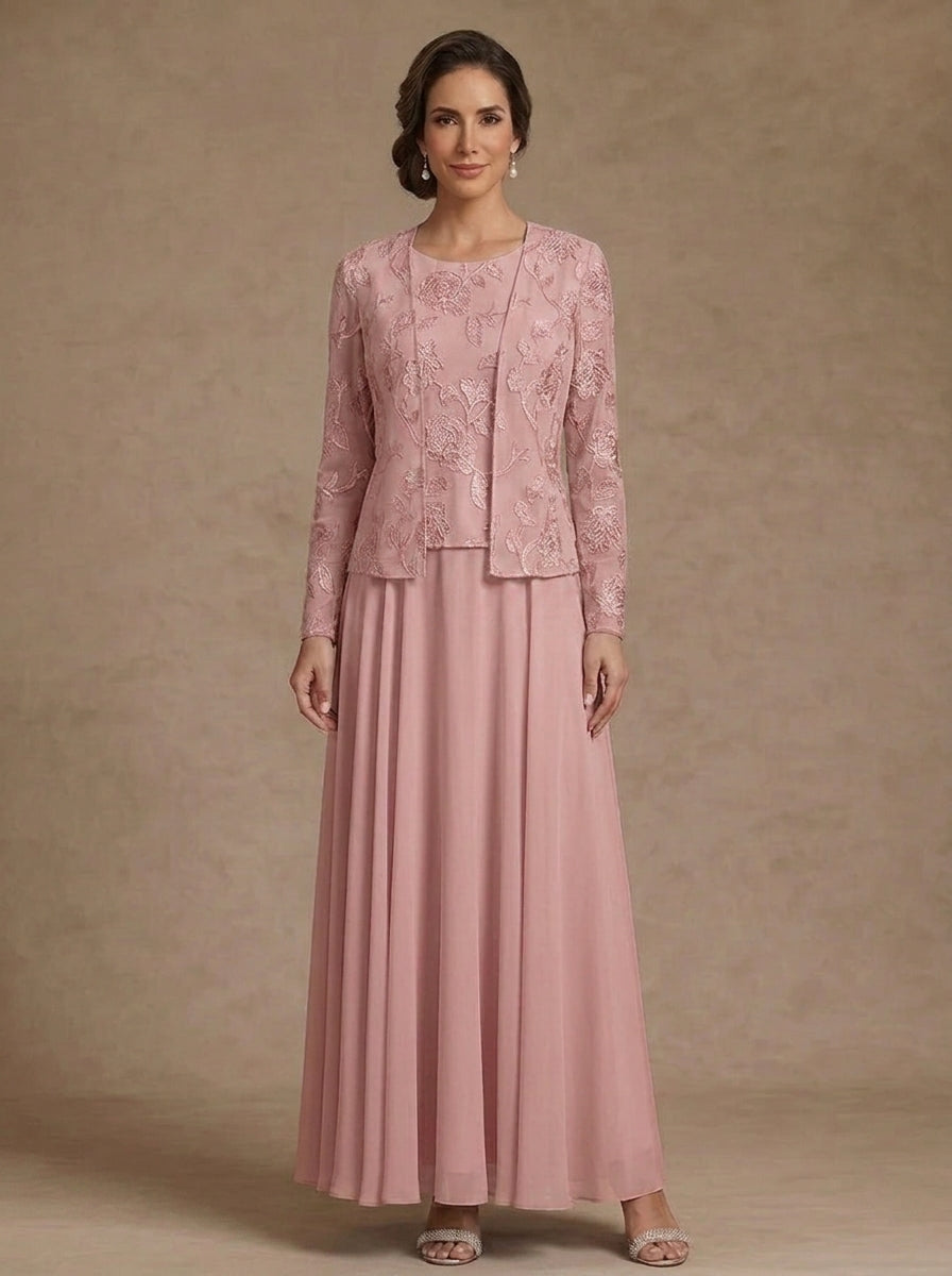 3 Pieces Suit A-Line/Princess Scoop Chiffon Mother of the Bride Dresses with Jacket Lace Floral Ankle-Length Long Sleeves