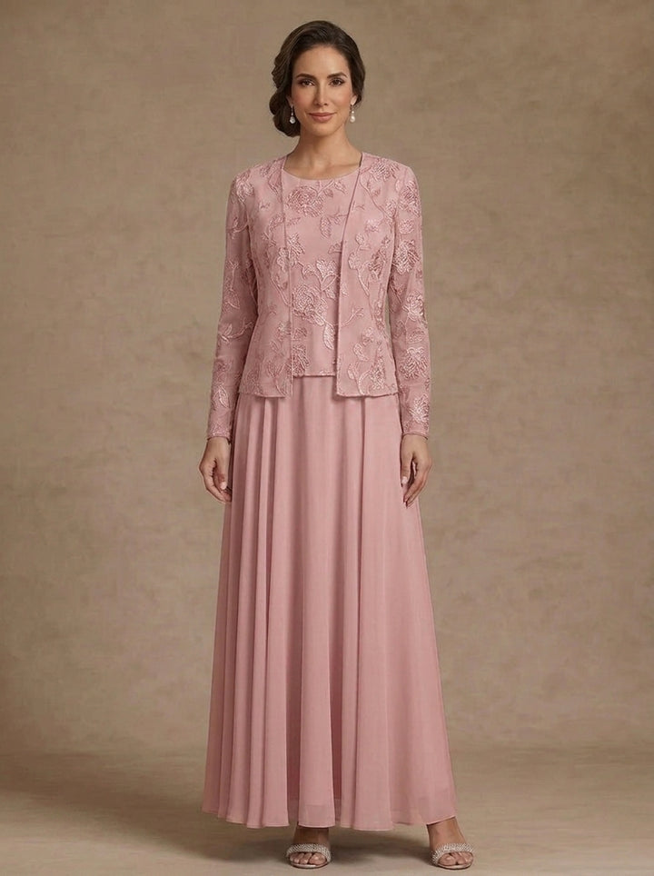 3 Pieces Suit A-Line/Princess Scoop Chiffon Mother of the Bride Dresses with Jacket Lace Floral Ankle-Length Long Sleeves