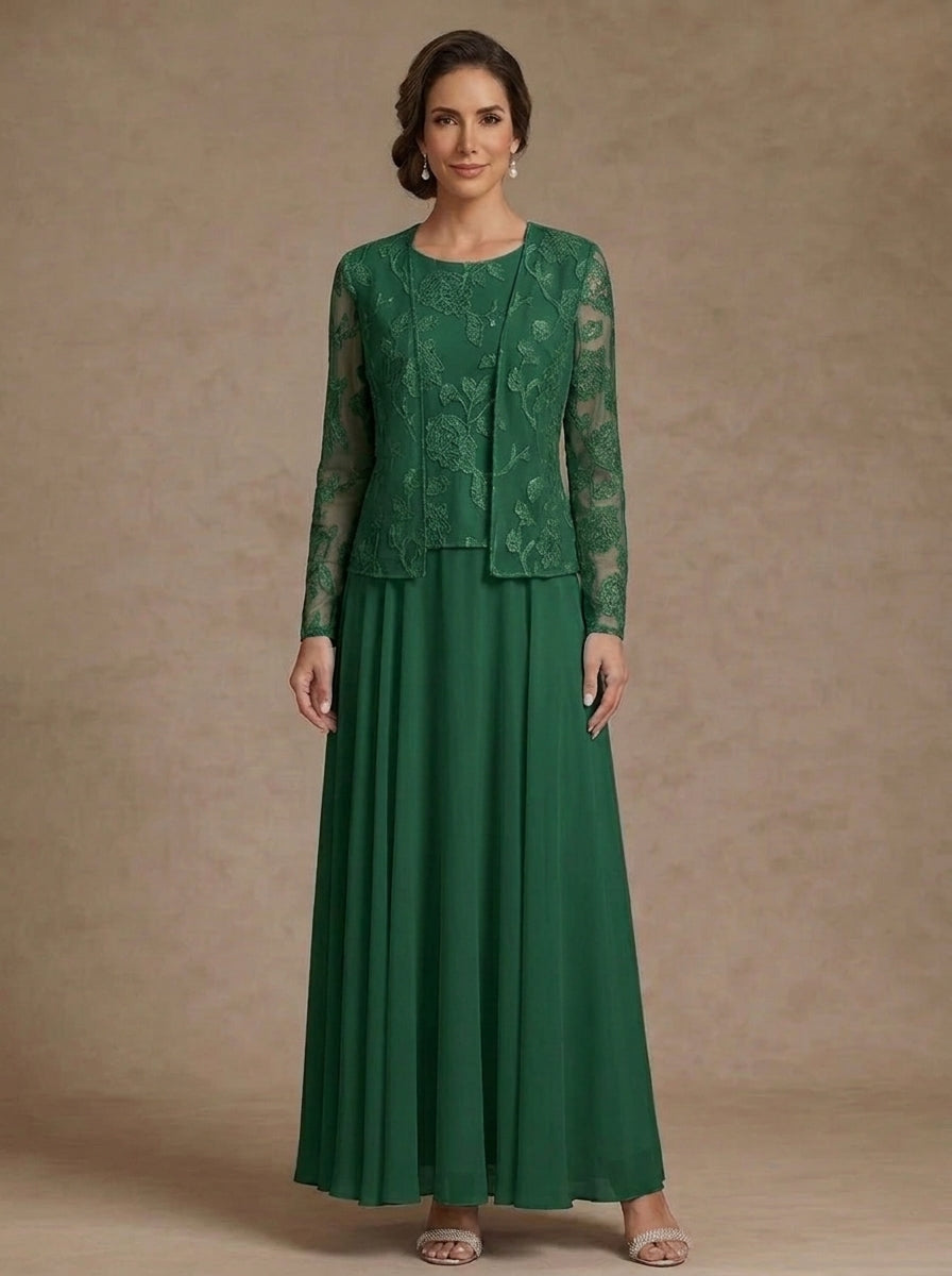 3 Pieces Suit A-Line/Princess Scoop Chiffon Mother of the Bride Dresses with Jacket Lace Floral Ankle-Length Long Sleeves