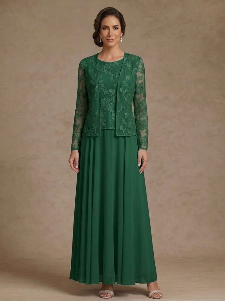 3 Pieces Suit A-Line/Princess Scoop Chiffon Mother of the Bride Dresses with Jacket Lace Floral Ankle-Length Long Sleeves