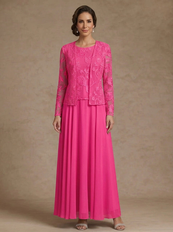 3 Pieces Suit A-Line/Princess Scoop Chiffon Mother of the Bride Dresses with Jacket Lace Floral Ankle-Length Long Sleeves