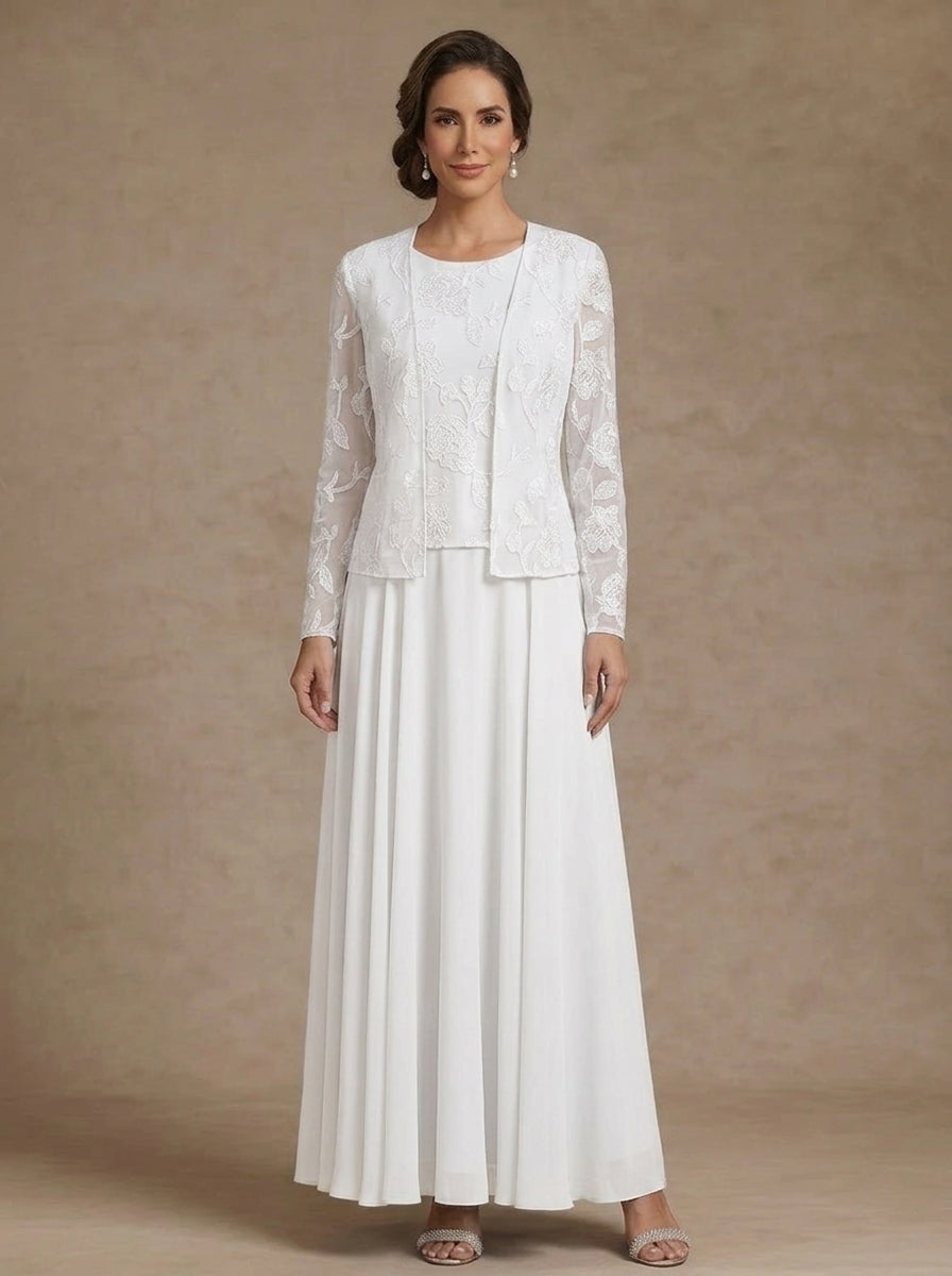 3 Pieces Suit A-Line/Princess Scoop Chiffon Mother of the Bride Dresses with Jacket Lace Floral Ankle-Length Long Sleeves