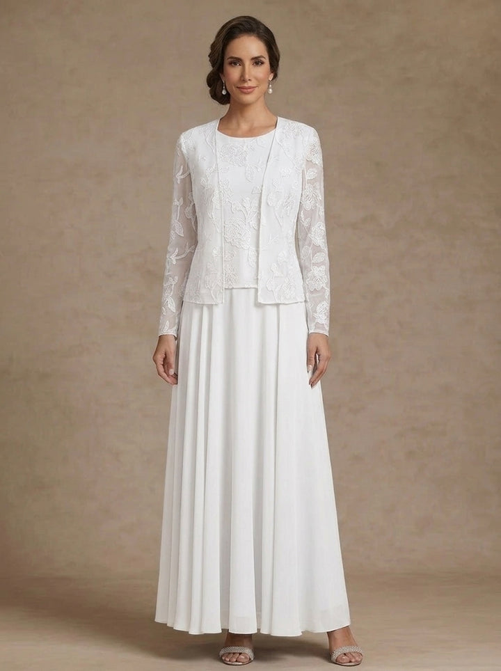 3 Pieces Suit A-Line/Princess Scoop Chiffon Mother of the Bride Dresses with Jacket Lace Floral Ankle-Length Long Sleeves