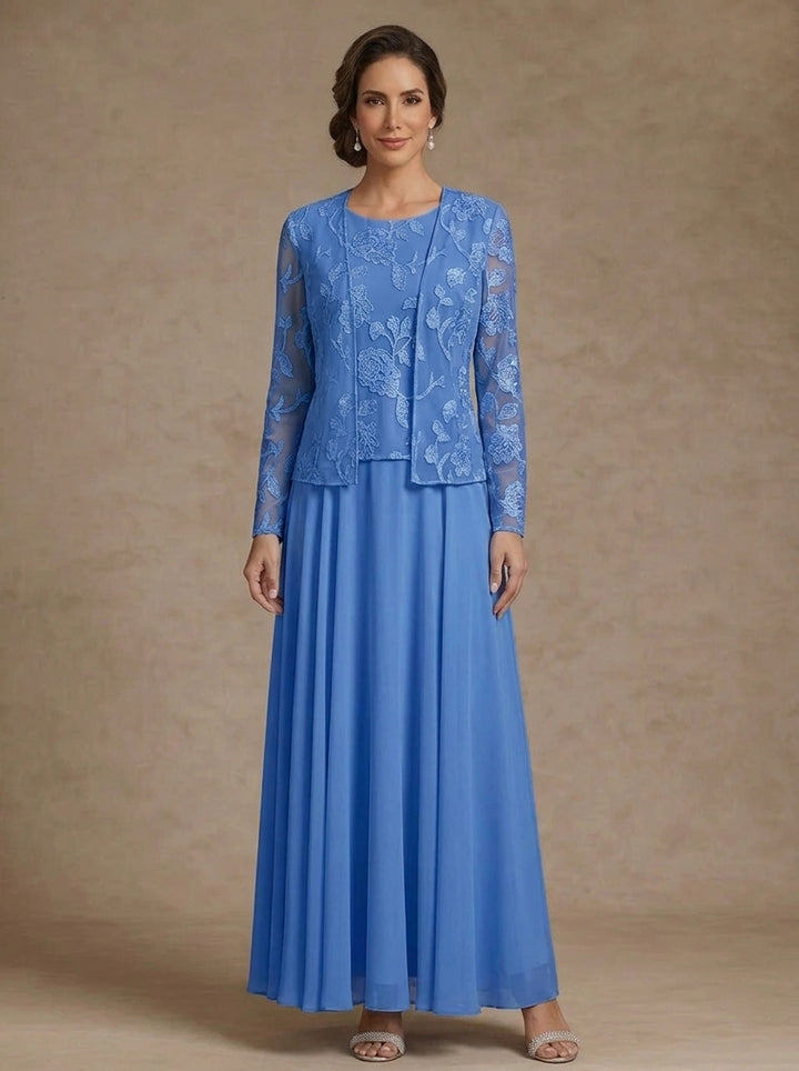 3 Pieces Suit A-Line/Princess Scoop Chiffon Mother of the Bride Dresses with Jacket Lace Floral Ankle-Length Long Sleeves