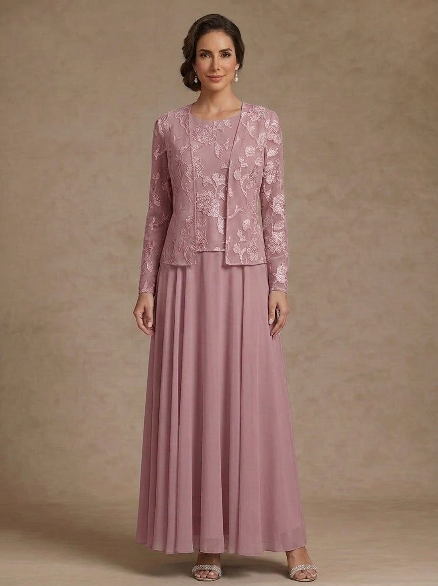 3 Pieces Suit A-Line/Princess Scoop Chiffon Mother of the Bride Dresses with Jacket Lace Floral Ankle-Length Long Sleeves