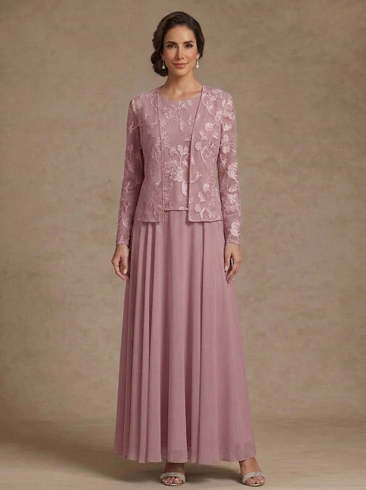 3 Pieces Suit A-Line/Princess Scoop Chiffon Mother of the Bride Dresses with Jacket Lace Floral Ankle-Length Long Sleeves