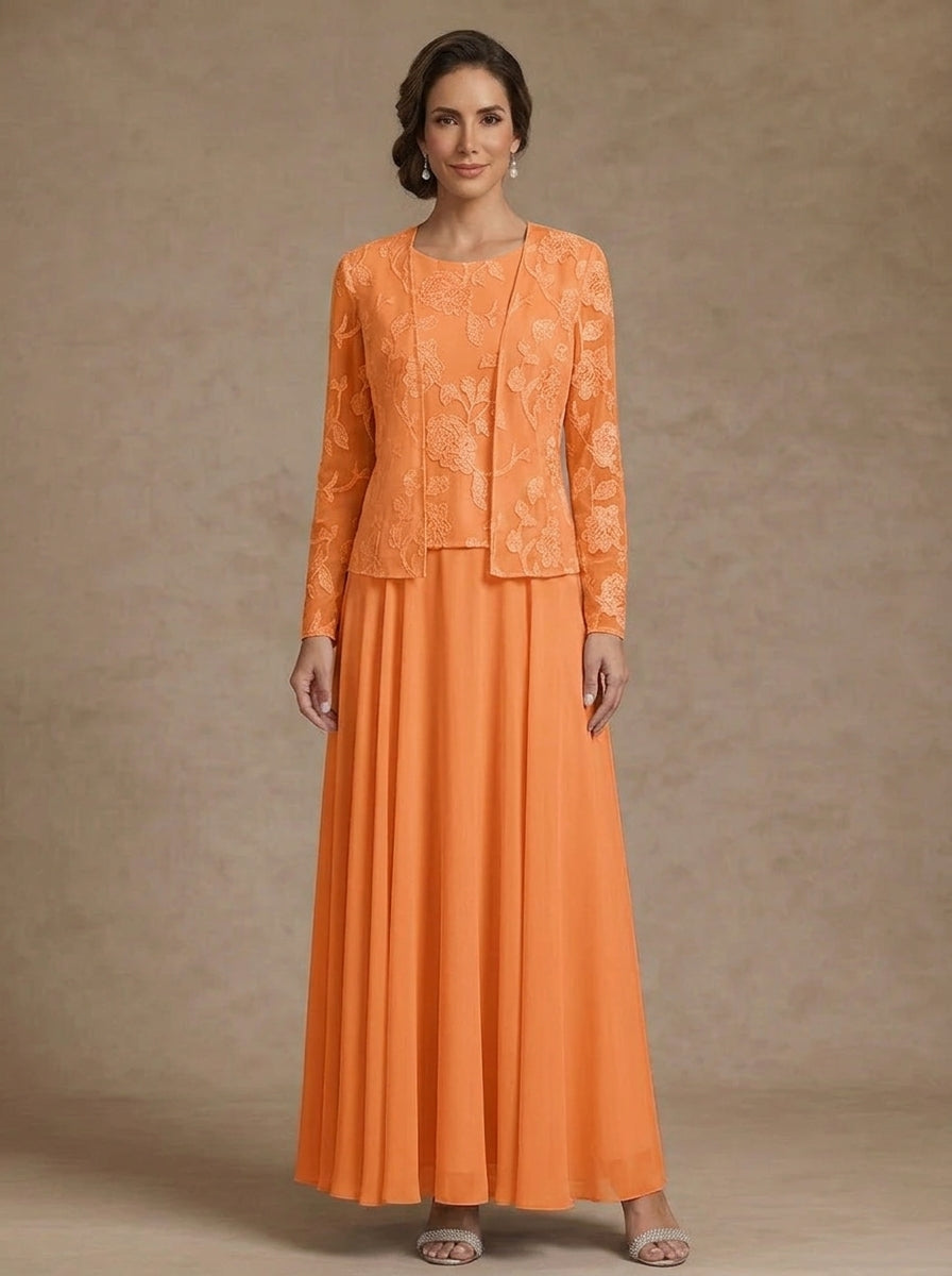 3 Pieces Suit A-Line/Princess Scoop Chiffon Mother of the Bride Dresses with Jacket Lace Floral Ankle-Length Long Sleeves