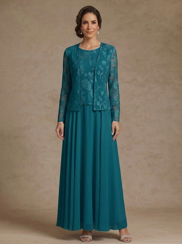 3 Pieces Suit A-Line/Princess Scoop Chiffon Mother of the Bride Dresses with Jacket Lace Floral Ankle-Length Long Sleeves