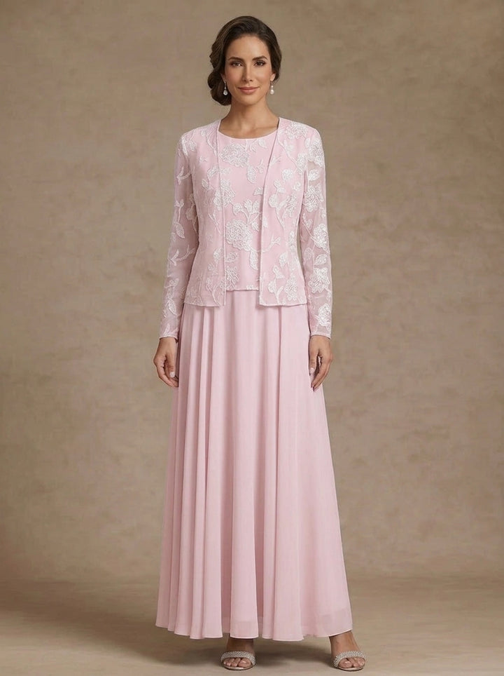 3 Pieces Suit A-Line/Princess Scoop Chiffon Mother of the Bride Dresses with Jacket Lace Floral Ankle-Length Long Sleeves