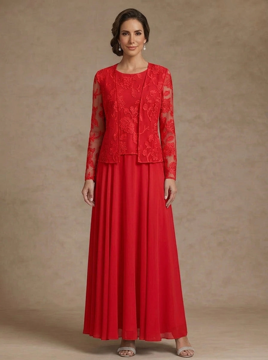 3 Pieces Suit A-Line/Princess Scoop Chiffon Mother of the Bride Dresses with Jacket Lace Floral Ankle-Length Long Sleeves