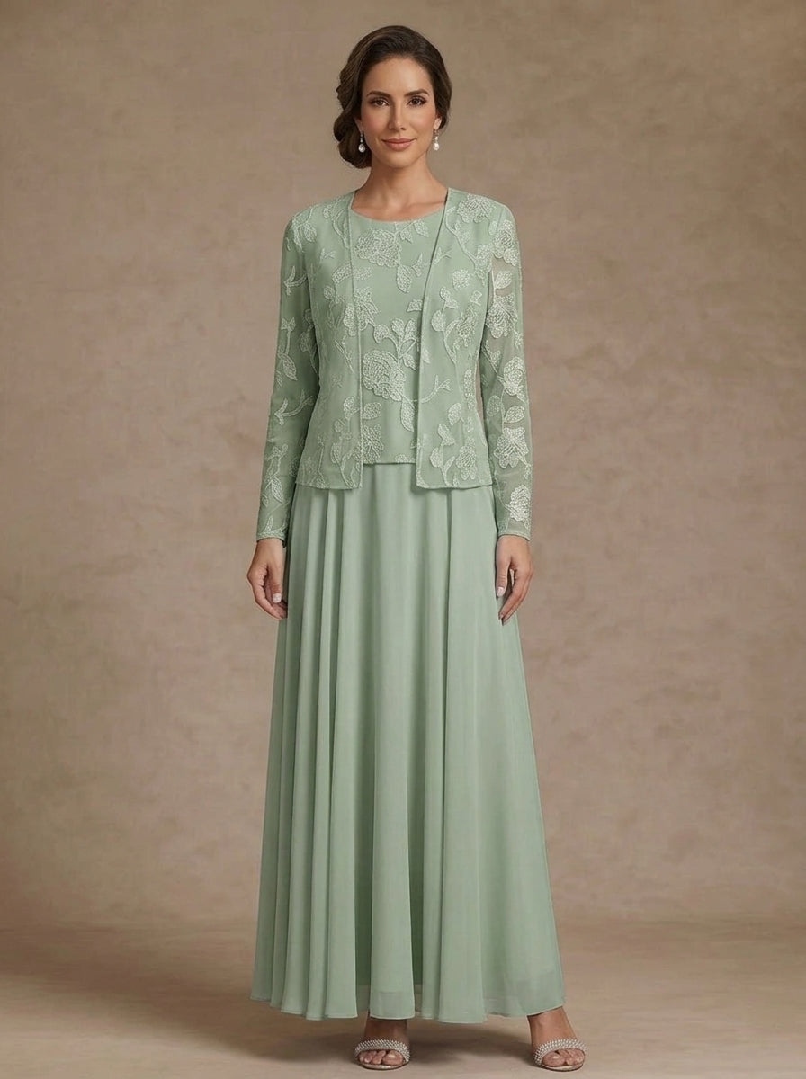 3 Pieces Suit A-Line/Princess Scoop Chiffon Mother of the Bride Dresses with Jacket Lace Floral Ankle-Length Long Sleeves