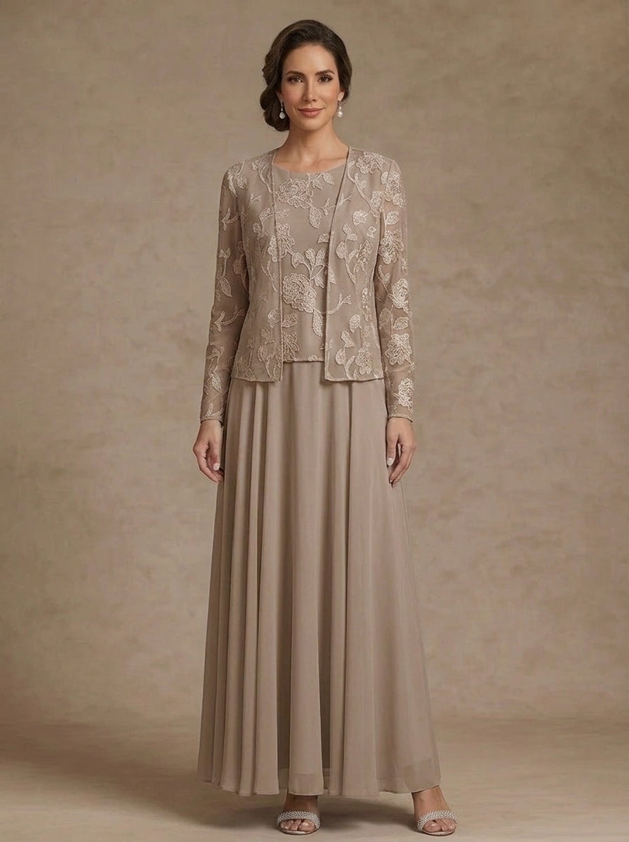 3 Pieces Suit A-Line/Princess Scoop Chiffon Mother of the Bride Dresses with Jacket Lace Floral Ankle-Length Long Sleeves