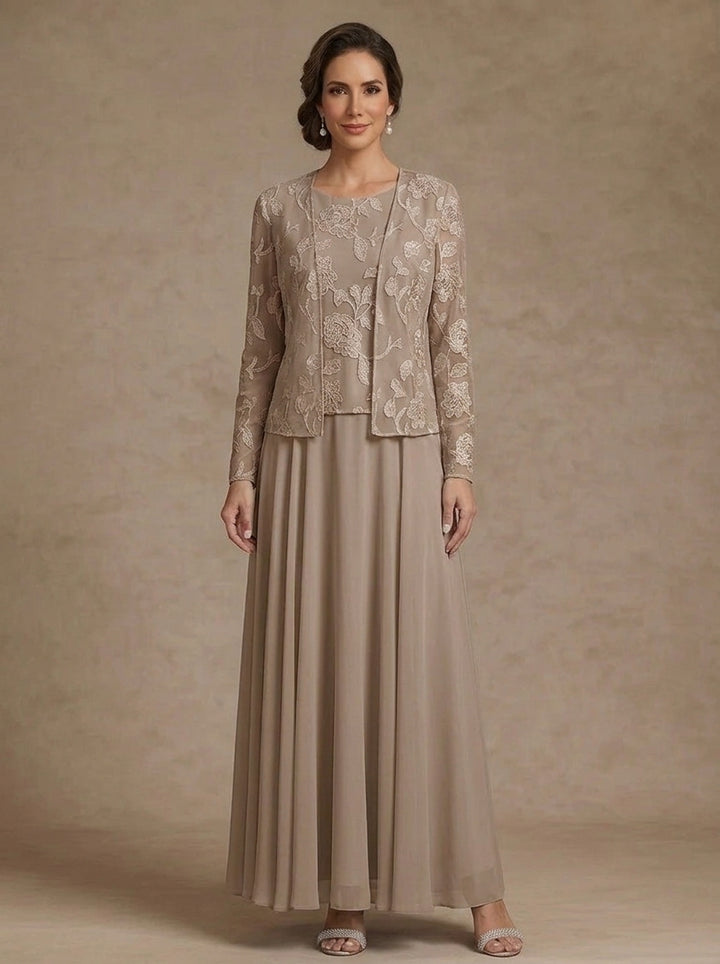 3 Pieces Suit A-Line/Princess Scoop Chiffon Mother of the Bride Dresses with Jacket Lace Floral Ankle-Length Long Sleeves