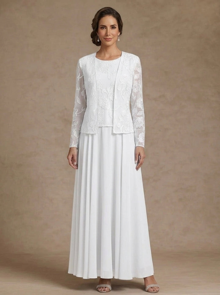 3 Pieces Suit A-Line/Princess Scoop Chiffon Mother of the Bride Dresses with Jacket Lace Floral Ankle-Length Long Sleeves