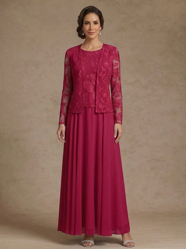 3 Pieces Suit A-Line/Princess Scoop Chiffon Mother of the Bride Dresses with Jacket Lace Floral Ankle-Length Long Sleeves